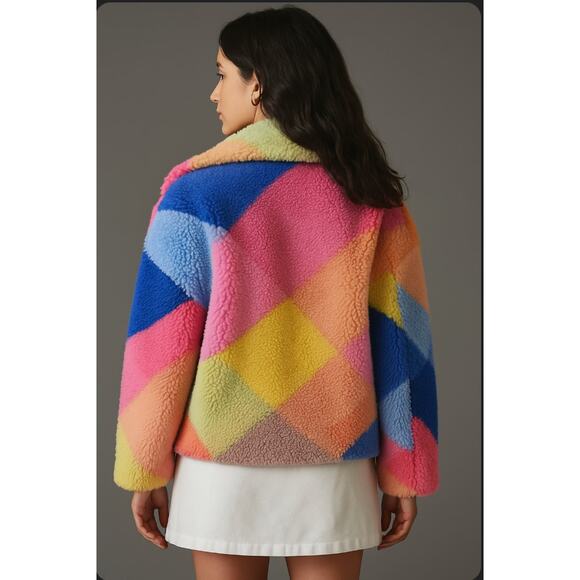 Anthropologie Blank NYC Teddy Sherpa XS Coat Rainbow Patchwork Colorblock Jacket - Picture 8 of 9
